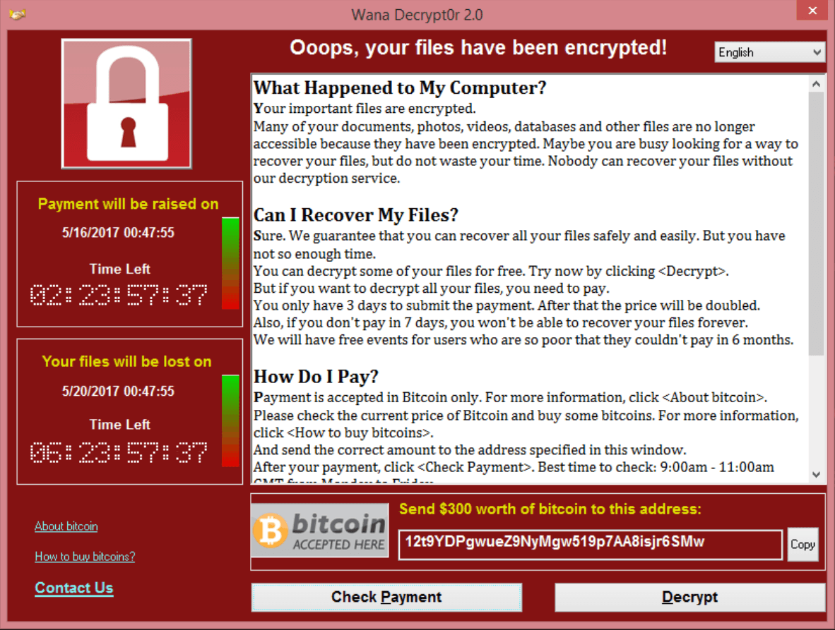 WannaCry Ransomware Screenshot
